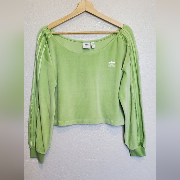 Adidas Green Velour Off The Shoulder Cropped Sweatshirt Size Medium - Picture 2 of 12